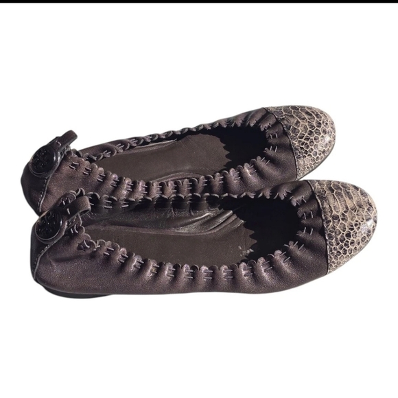 Tory Burch Chelsea Gray Leather Snakeskin Cap-Toe Ballet Flats 7M Women Shoes - Picture 1 of 12
